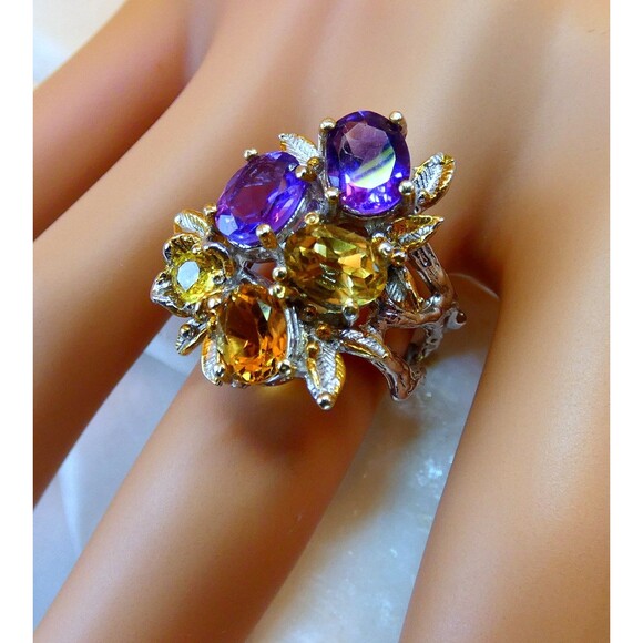 Citrine Amethyst Sterling Silver Cocktail Ring Botanical Vines Size 7.5 - Picture 8 of 8